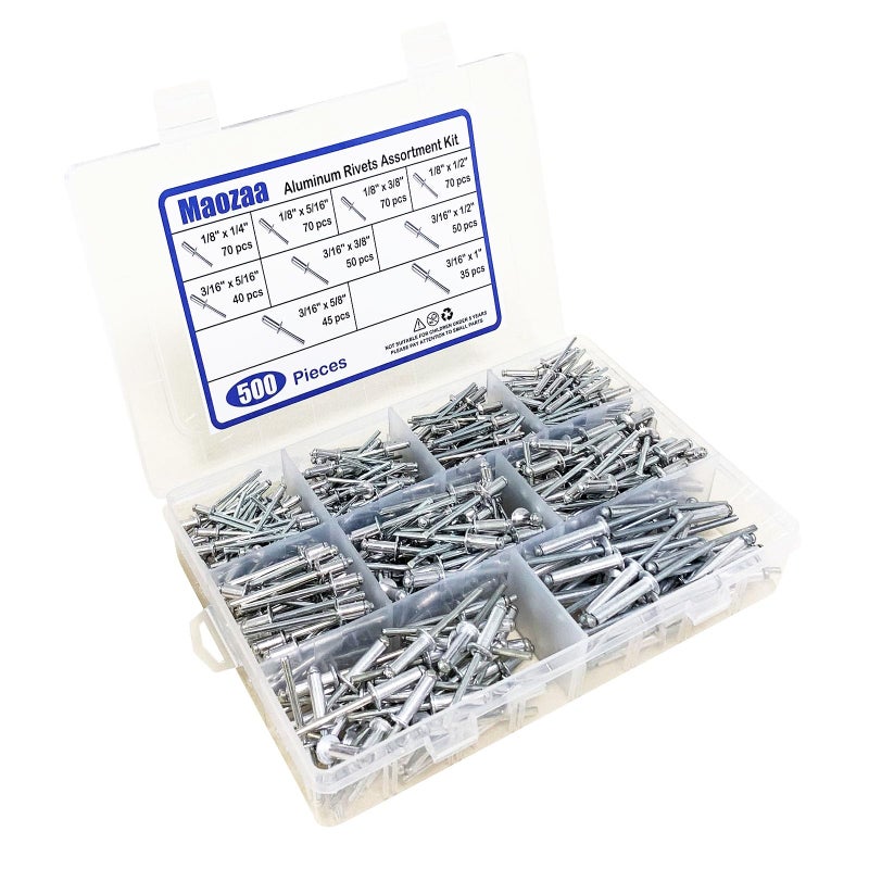 Maozaa 500 PCS Aluminum Blind Rivets, 9 Sizes Pop Rivets Assortment Kit (1/8""x1/4"", 5/16"", 3/8"", 1/2""; 3/16""x5/16"", 3/8"", 1/2"", 5/8"", 1""), Blind Rivet (Silver) - Image 2